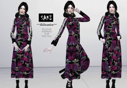模擬人生4v1.31SAKI日系街頭風玫瑰印花連衣長裙MOD